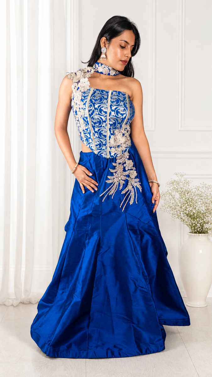Royal Blue Raw Silk Lehenga With Zari Corset Blouse