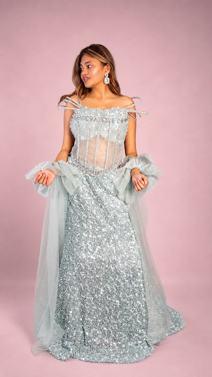 Pearl Blue Sequin Mermaid Lehenga With Corset Bodice