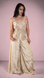 Off-White Shimmer Tissue Palazzo Suit With Mirror Work — view 1