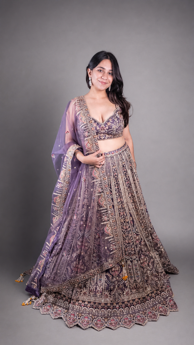 Mauve Net Lehenga With Zari and Floral Embroidery