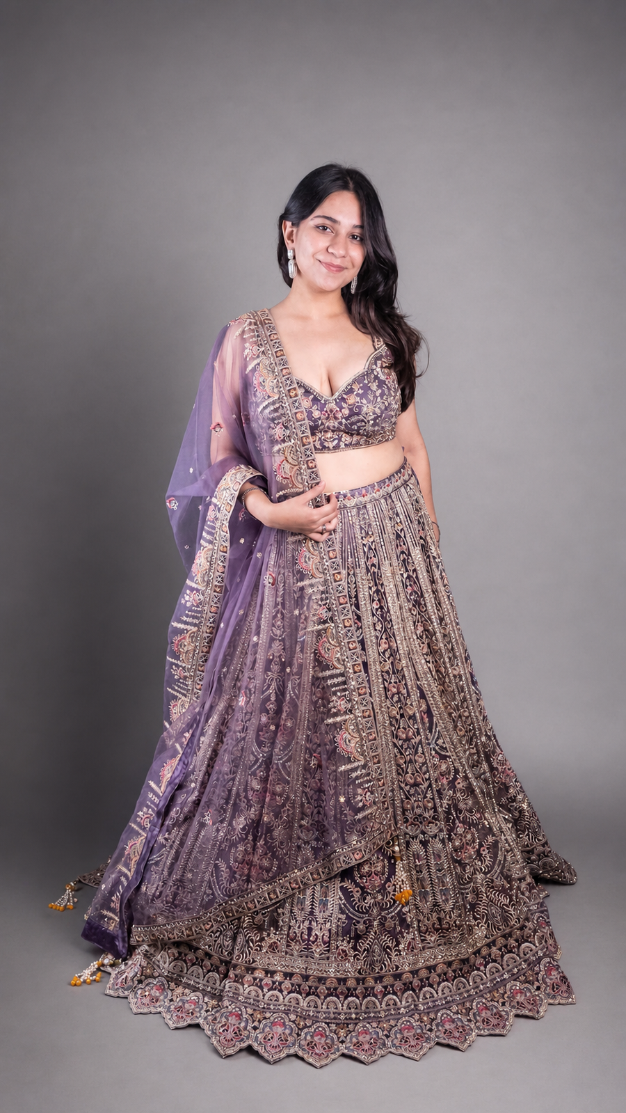 Mauve Net Lehenga With Zari and Floral Embroidery — front view