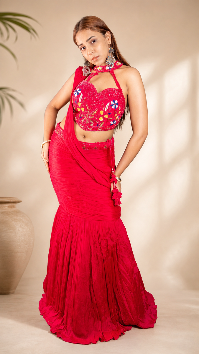 Hot Pink Crepe Mermaid Lehenga With Beaded Blouse