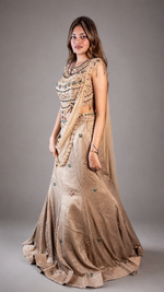 Champagne Shimmer Tissue Fishtail Lehenga Saree — view 1