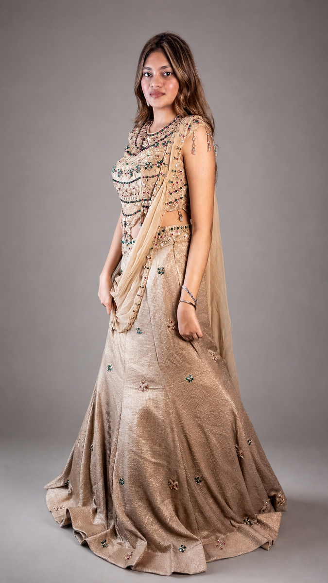 Champagne Shimmer Tissue Fishtail Lehenga Saree