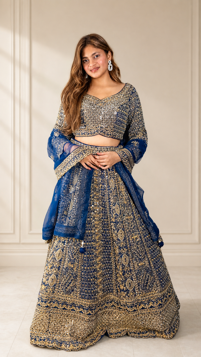 Sapphire Blue Net Lehenga With Mirror Work