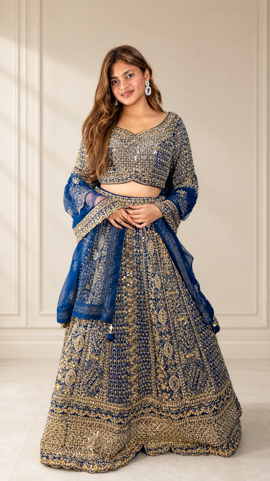 Sapphire Blue Net Lehenga With Mirror Work — front view
