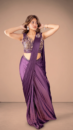 Purple Satin Pre-Draped Saree With Embellished Blouse — view 1