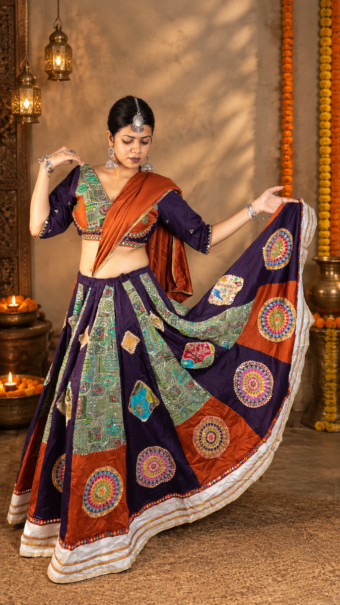Purple Cotton Kali Lehenga With Stone Patchwork