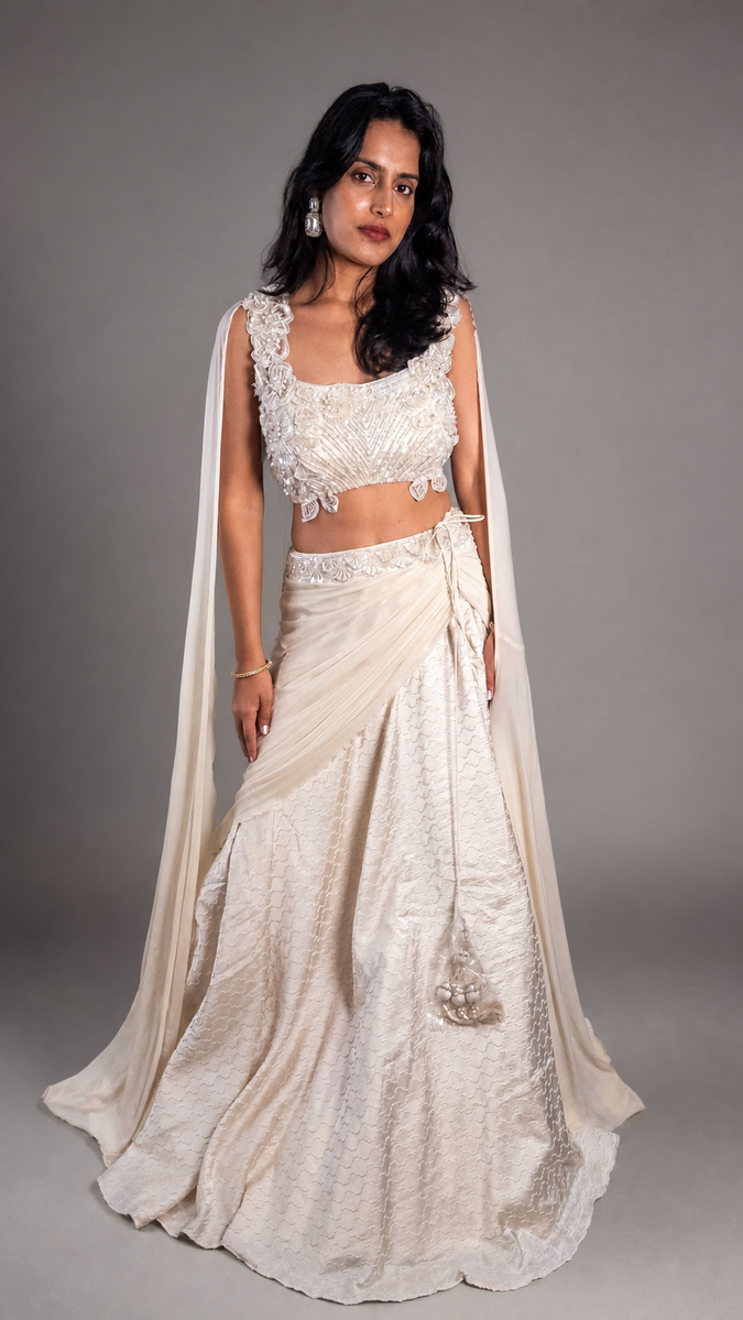 Off White Shimmer Tissue Pre-Draped Saree Gown