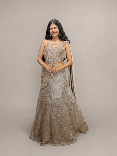 Champagne Silver Sequin Corset Lehenga With Georgette Drape