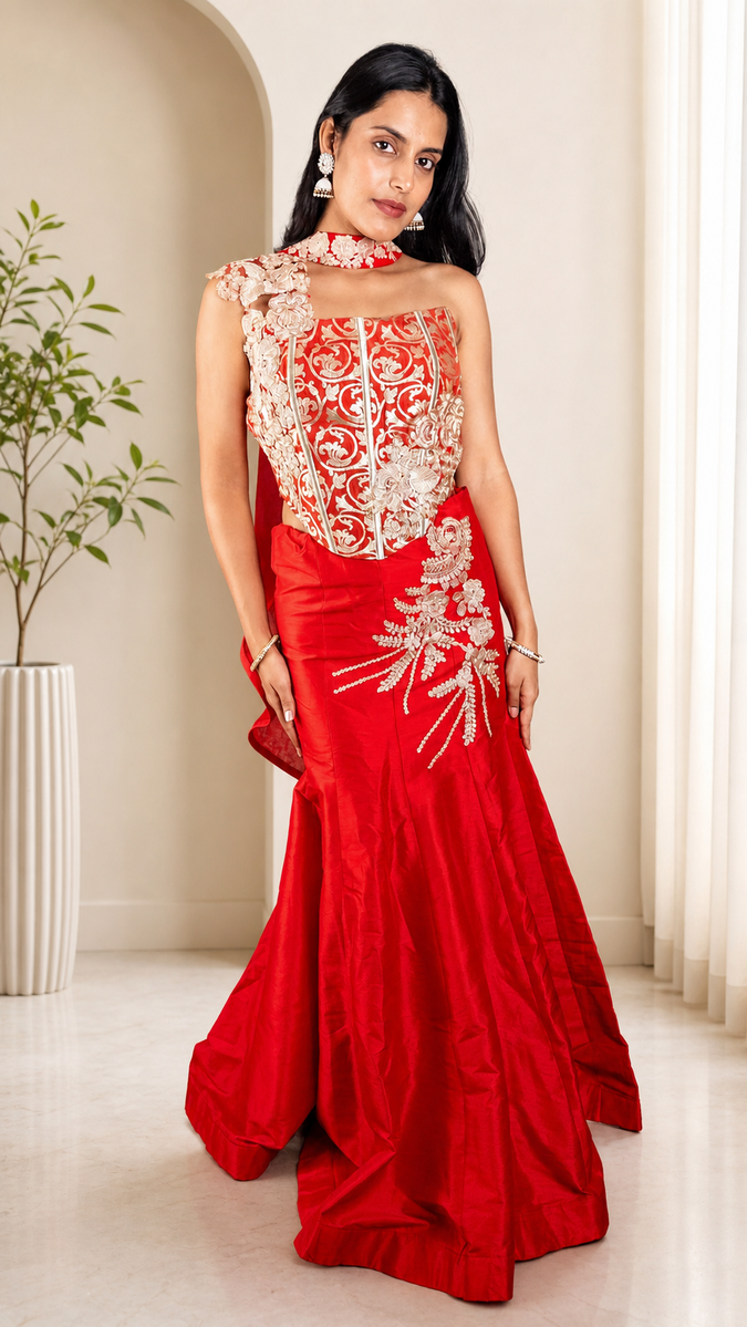 Red Raw Silk Flared Lehenga With One-Shoulder Blouse