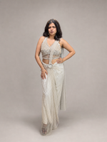 Ivory Sequin Net Pre-Draped Saree With Beaded Blouse — view 1
