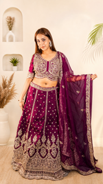 Wine Raw Silk Flared Lehenga With Cutdana Work — view 1
