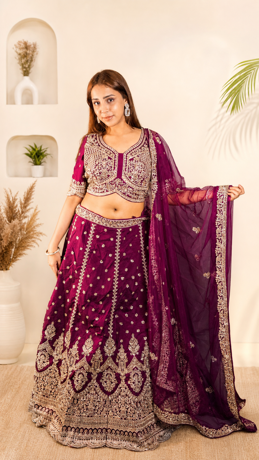 Wine Raw Silk Flared Lehenga With Cutdana Work — front view