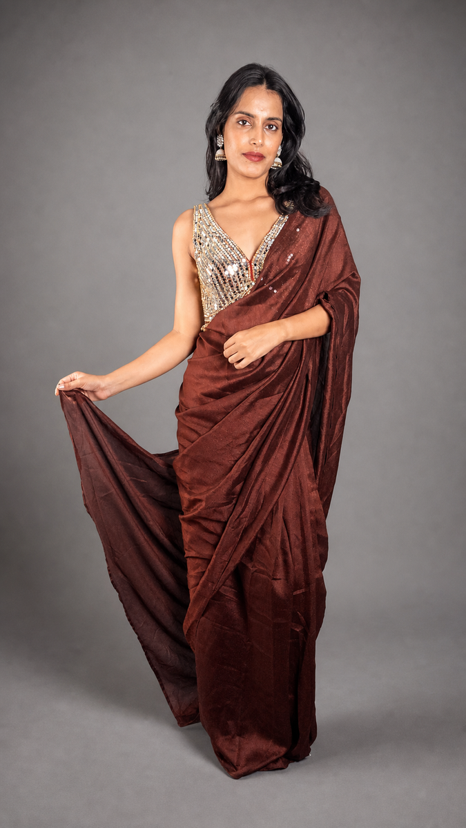Rust Maroon Vichitra Silk Pre-Draped Saree, Mirror Blouse