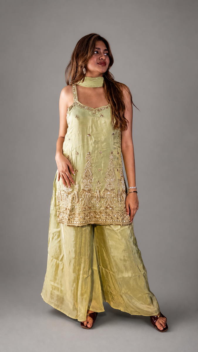 Pista Green Shimmer Tissue Kurta and Palazzo Set