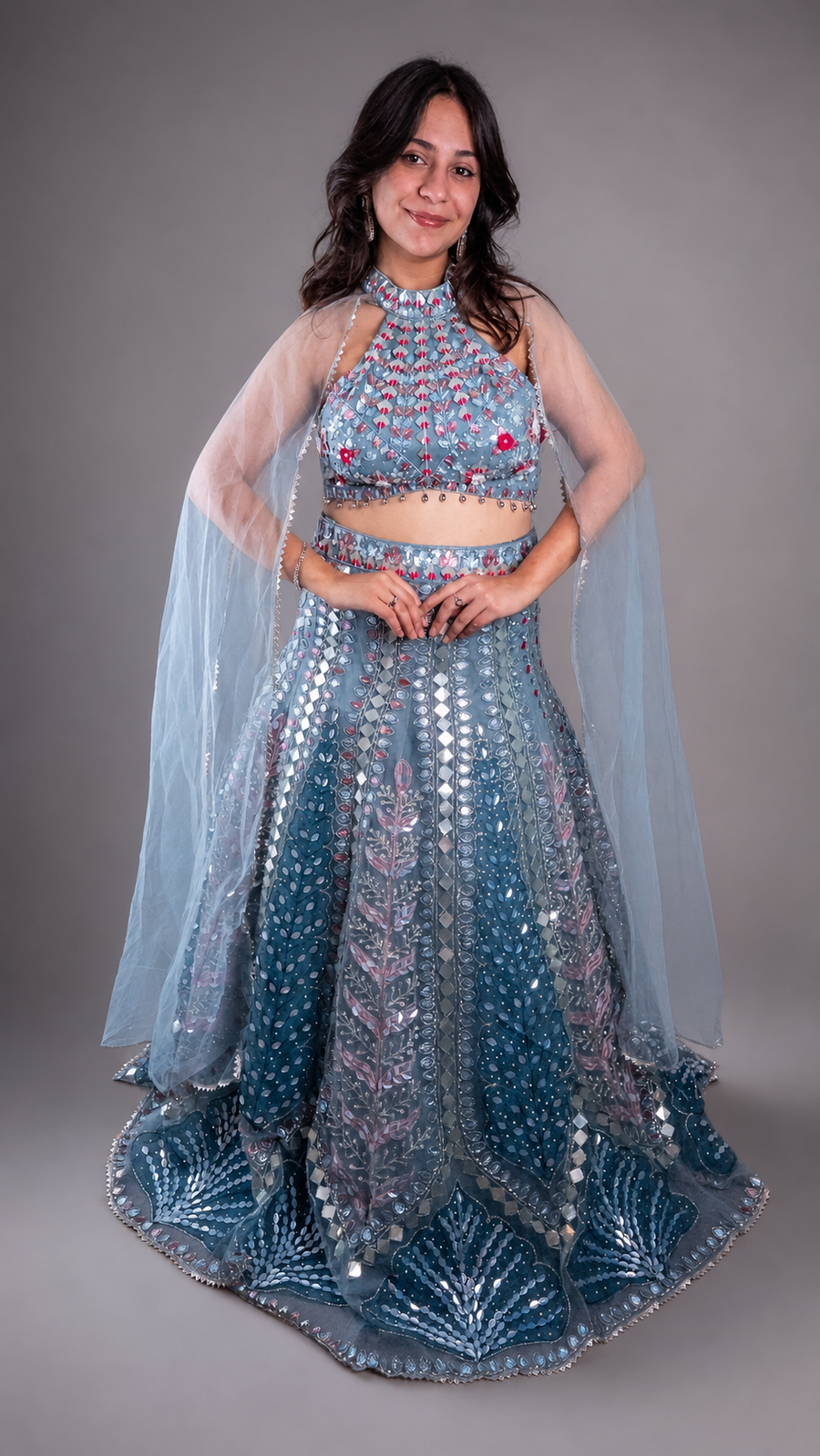Ice Blue Net Halter Lehenga With Mirror and Zari Work — front view