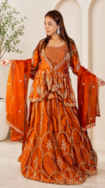 Rust Orange Raw Silk Peplum Jacket Lehenga Set — view 1