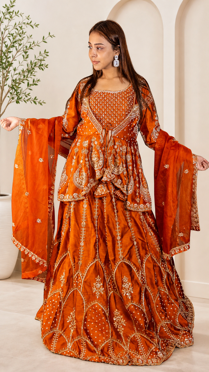 Rust Orange Raw Silk Peplum Jacket Lehenga Set