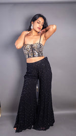 Black Georgette Mirror Cutwork Bustier Sharara Set — view 1