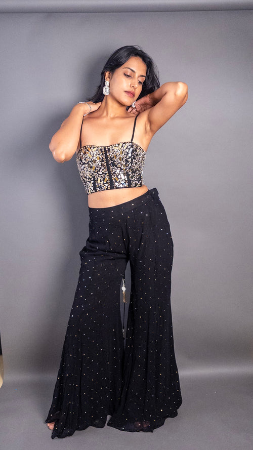 Black Georgette Mirror Cutwork Bustier Sharara Set — front