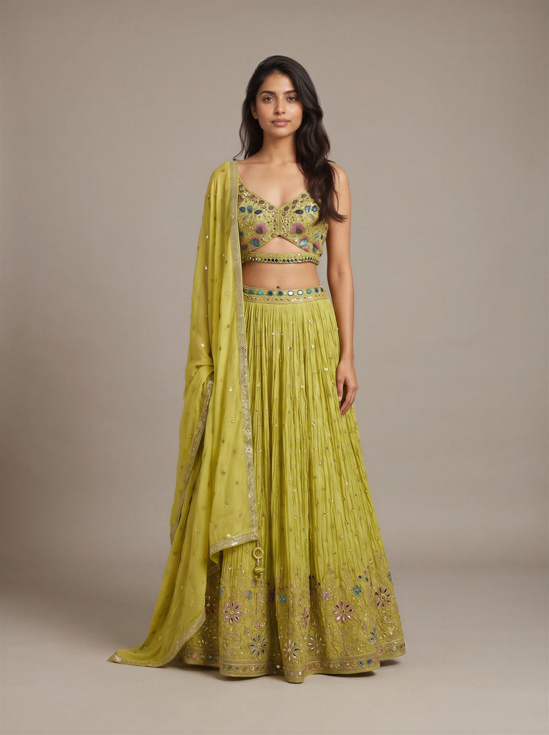 Nimbu Lemon Mirror-Work Tissue Lehenga Set