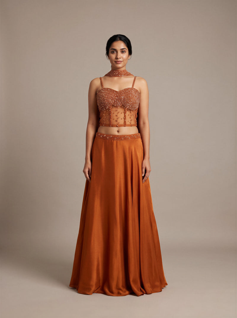 Ember Burnt Orange Beaded Bustier Lehenga