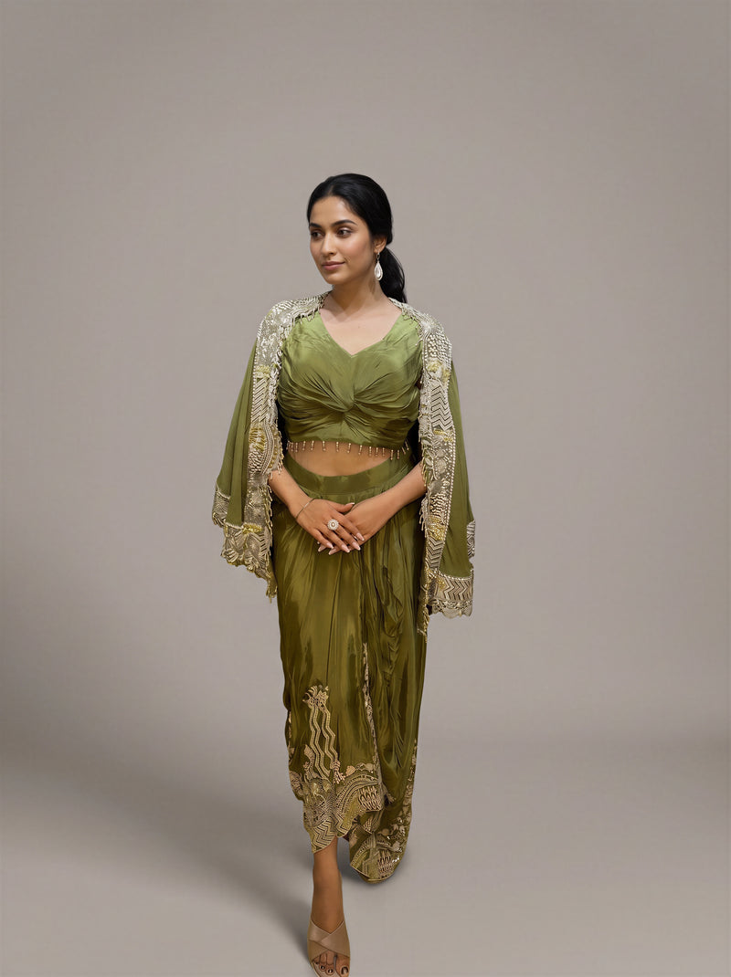 Olive Resham Embroidered Cape Skirt Set