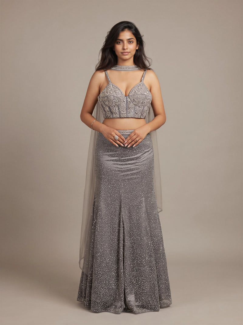 Smoke Grey Beaded Corset Mermaid Lehenga