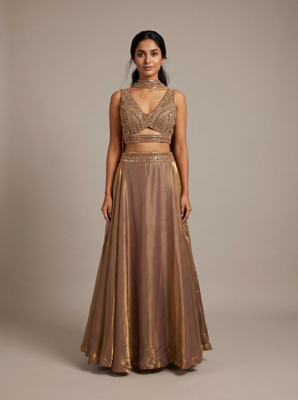 Antique Copper Shimmer Tissue Lehenga Set