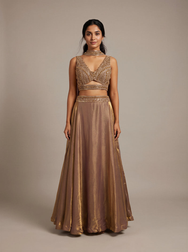 Antique Copper Shimmer Tissue Lehenga Set