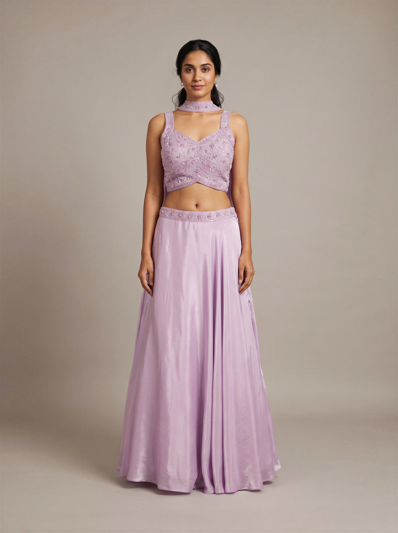 Sakura Baby Pink Beaded Kali Lehenga Set