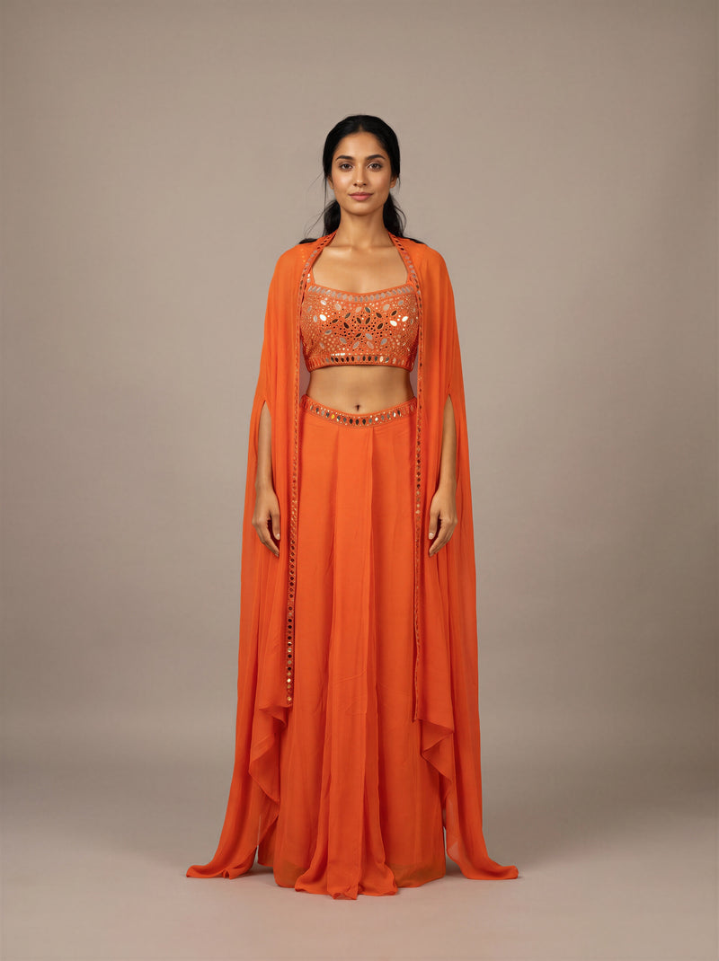 Marigold Orange Mirror-Work Cape Skirt Set