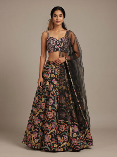 Raat Rani Black Floral Bead-Work Lehenga