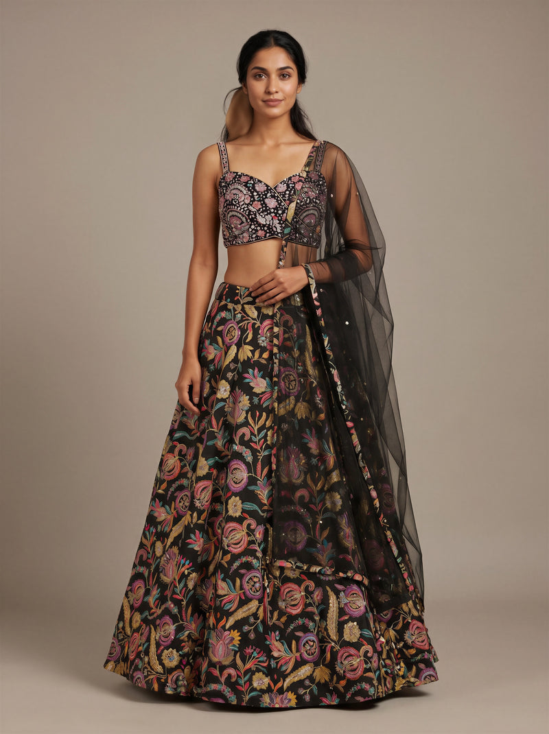 Raat Rani Black Floral Bead-Work Lehenga