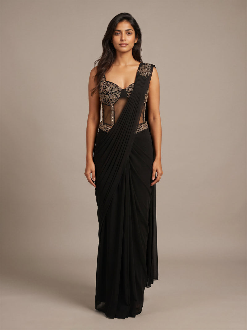 Noir Drape Beadwork Bustier Saree Gown