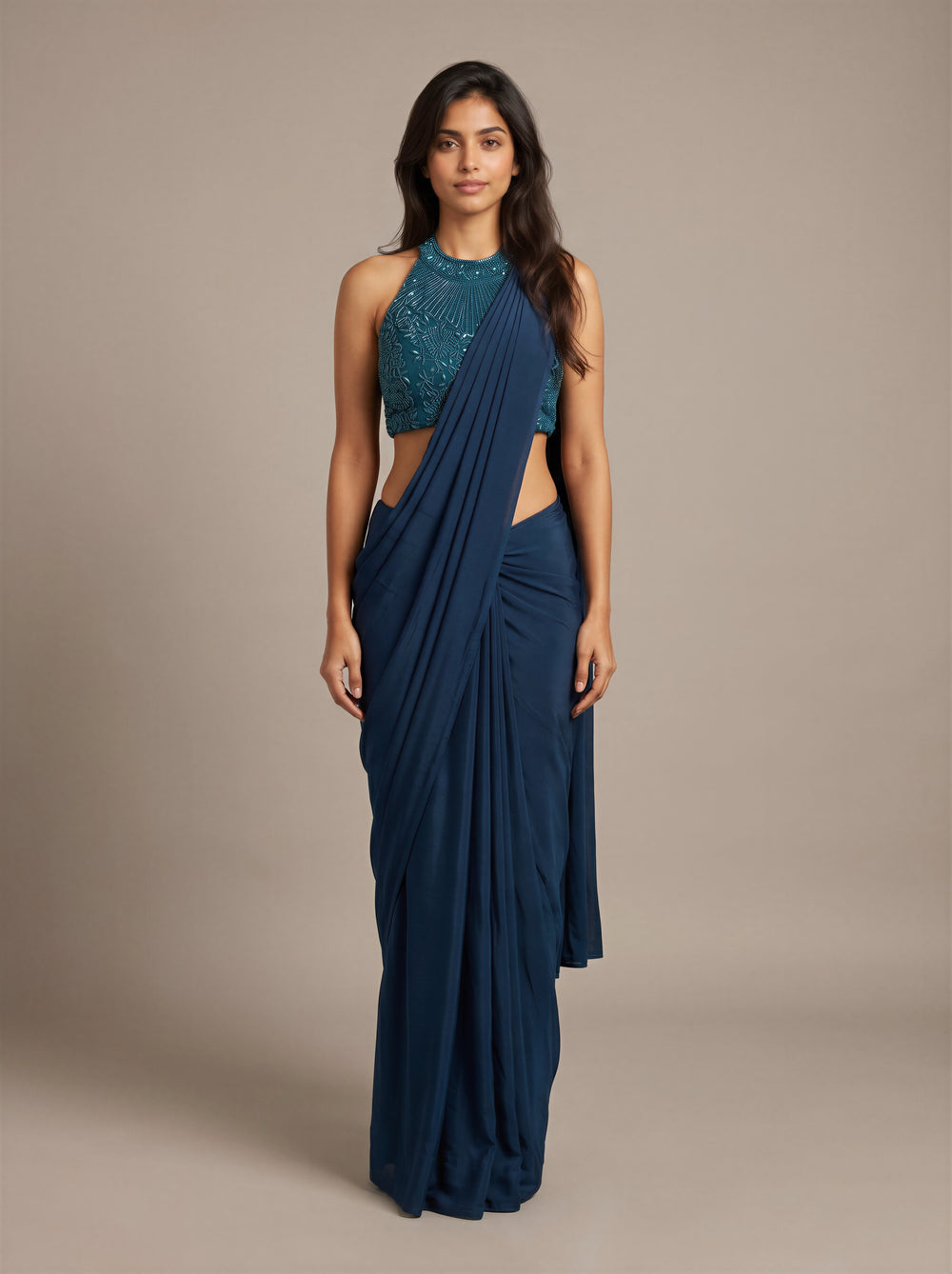 Crystal Teal Beadwork Pre-Draped Saree