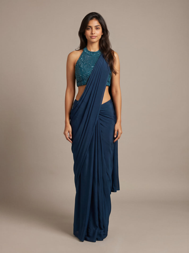 Crystal Teal Beadwork Pre-Draped Saree