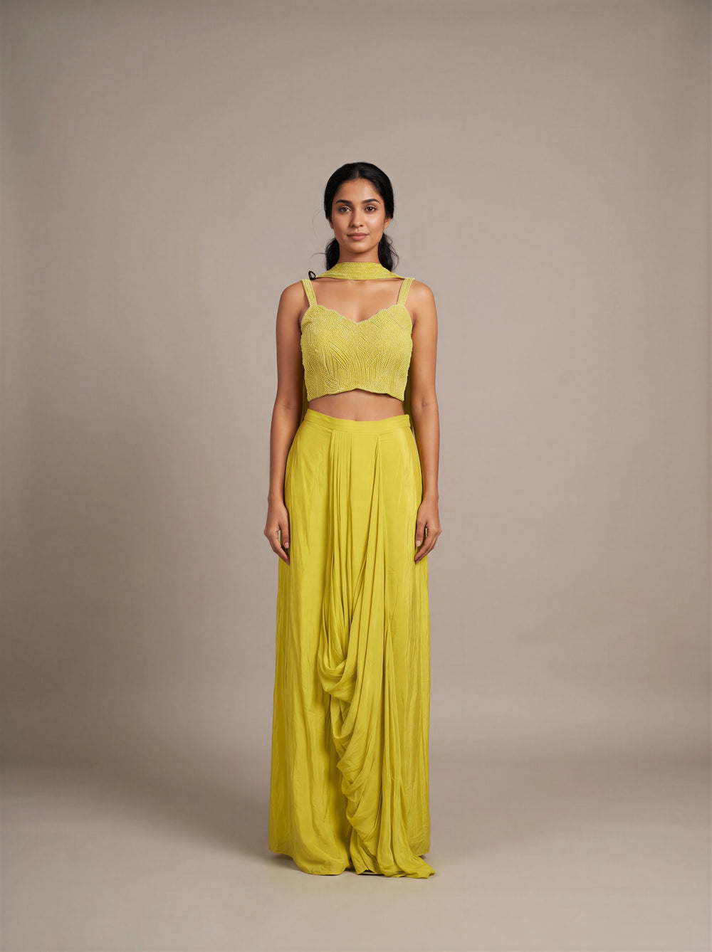 Parrot Green Beaded Bustier Dhoti Set