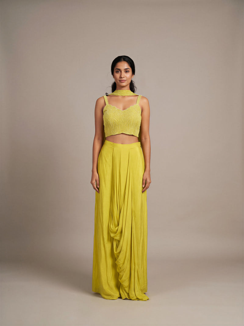 Parrot Green Beaded Bustier Dhoti Set