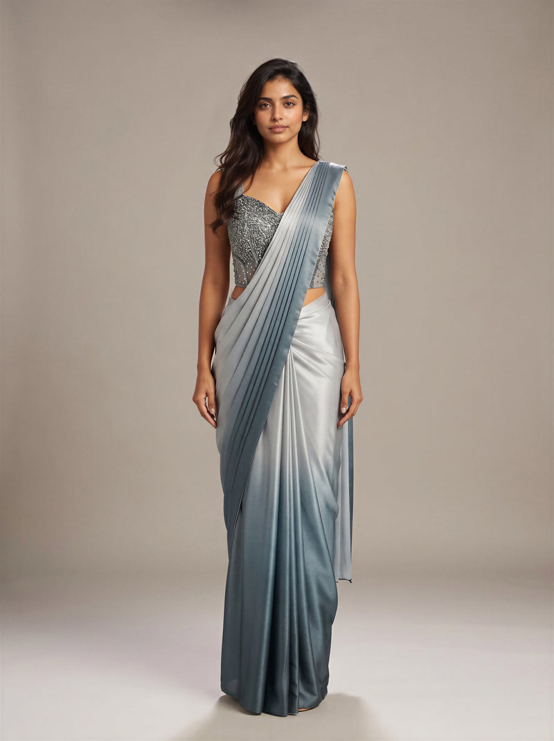 Moonlit Silver Pearl Bustier Pre-Draped Saree