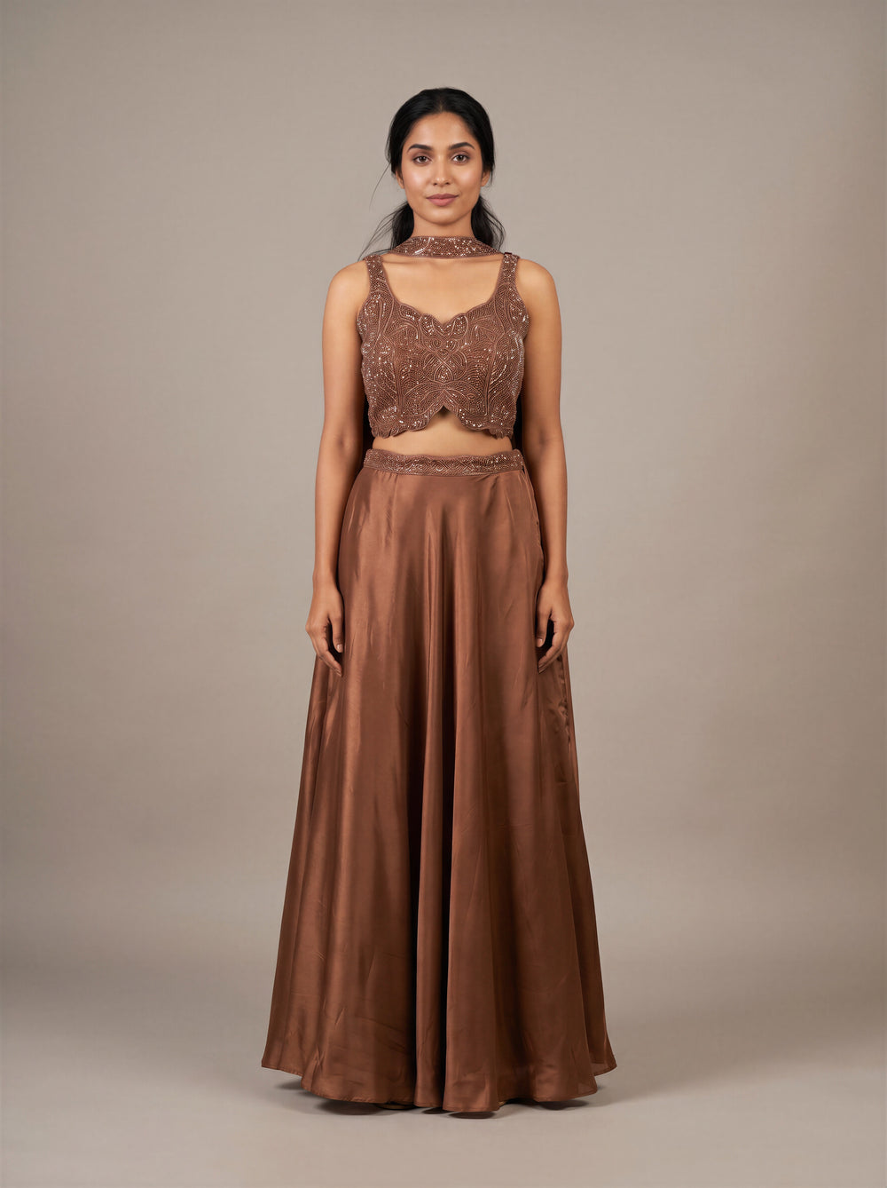 Cacao Copper Beadwork Flared Lehenga Set