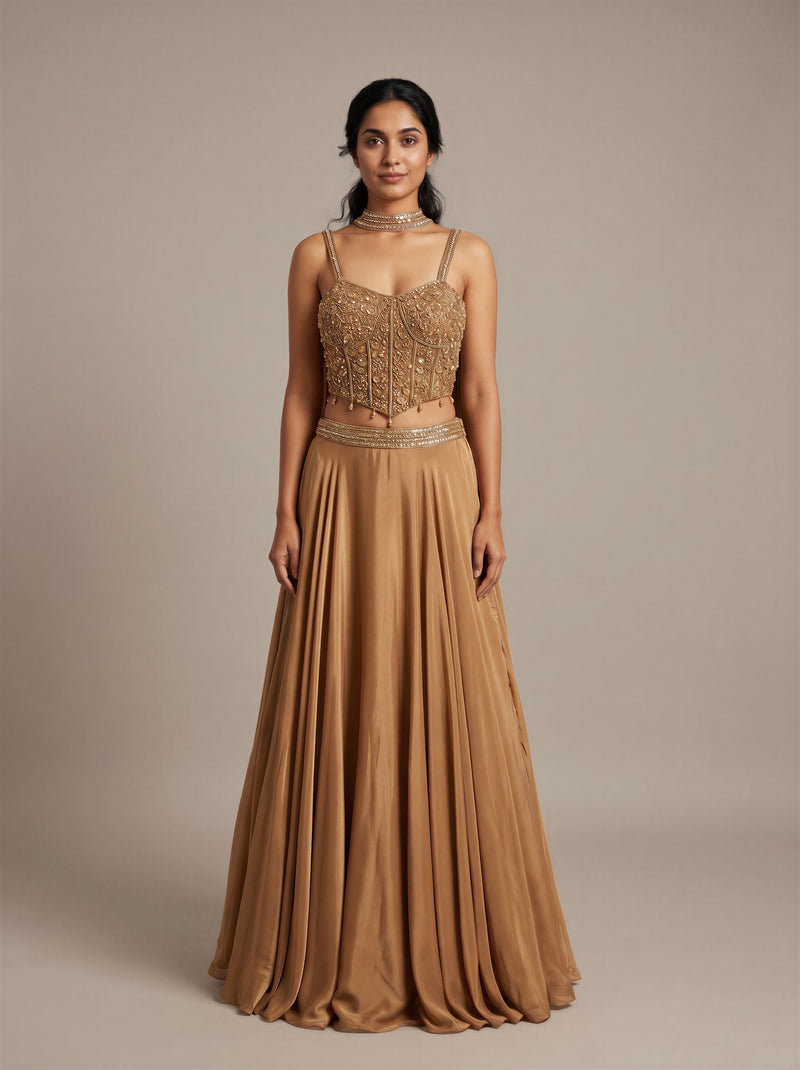 Molten Gold Crystal Bead Lehenga Set