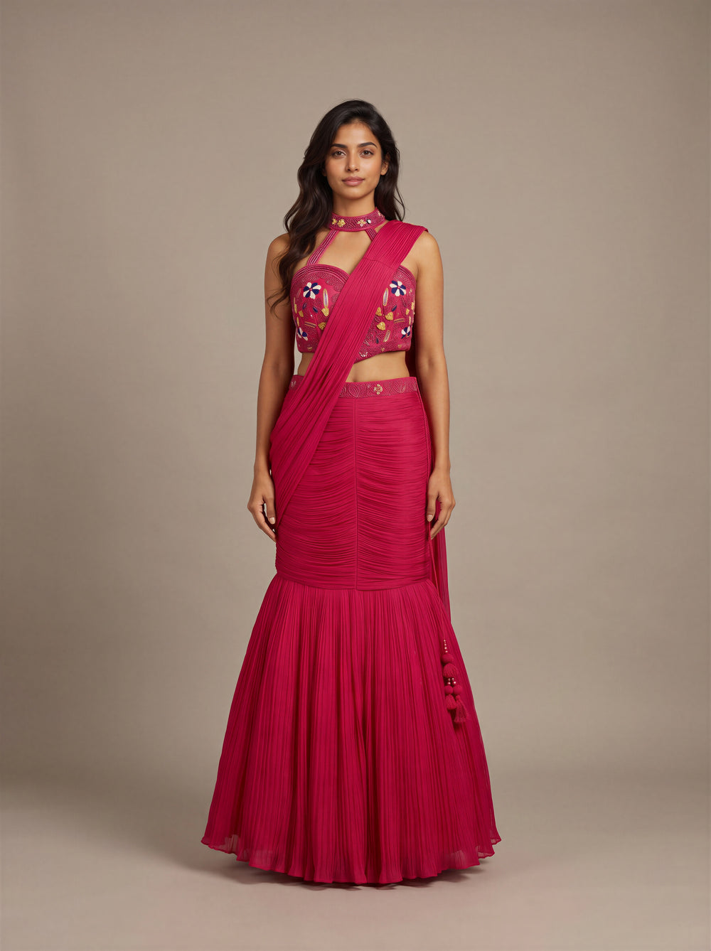 Gulaab Hot Pink Beaded Mermaid Saree-Lehenga