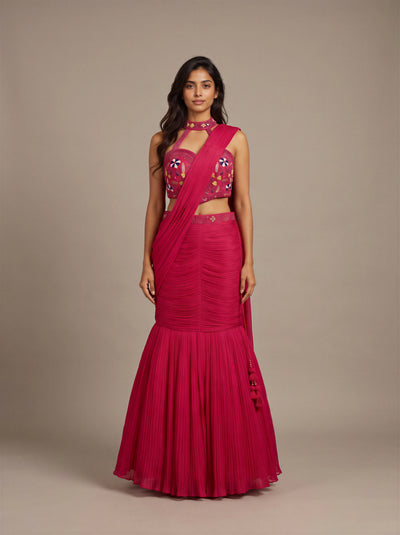 Gulaab Hot Pink Beaded Mermaid Saree-Lehenga