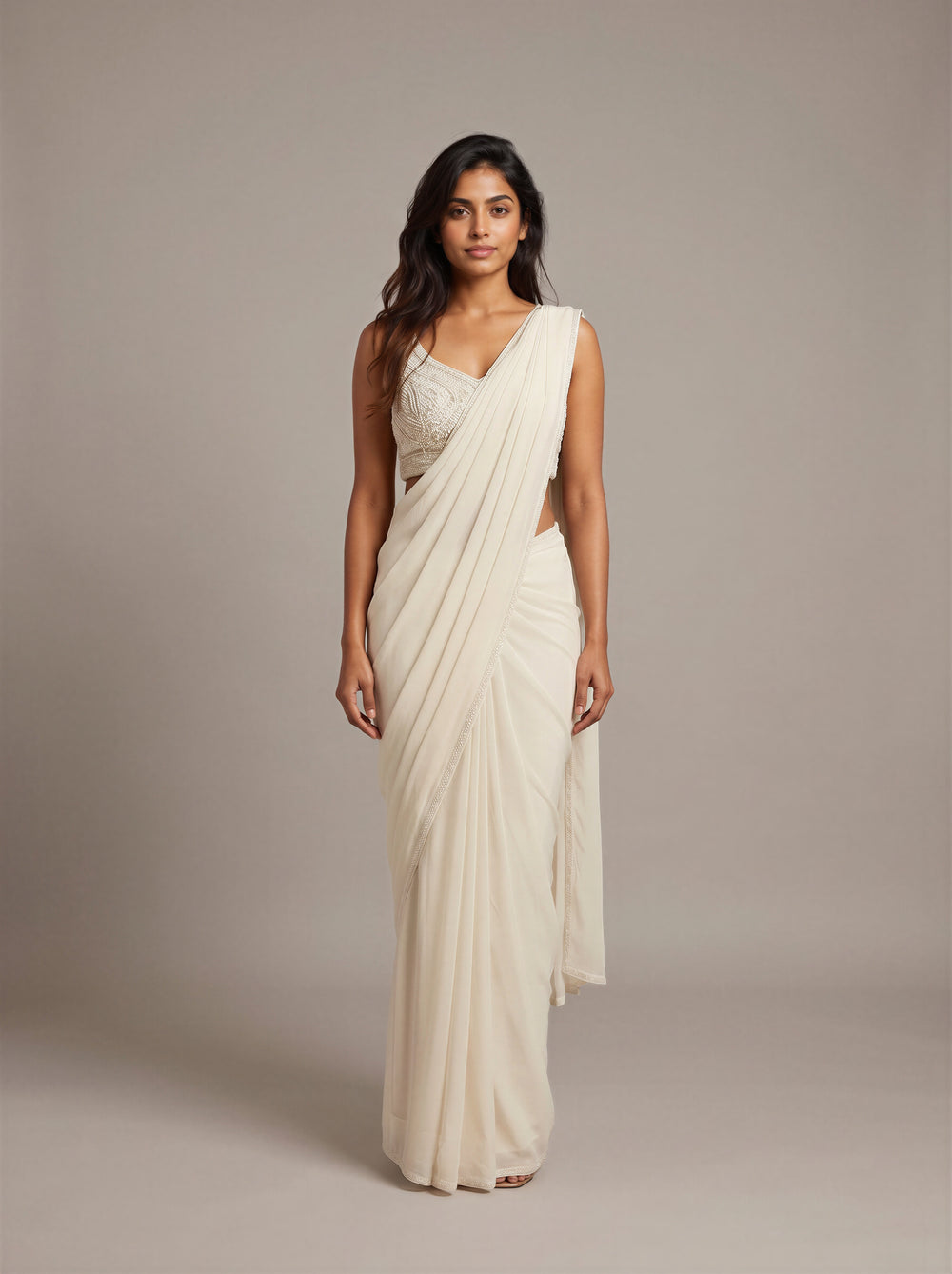 Moonlit Ivory Pearl Pre-Draped Saree