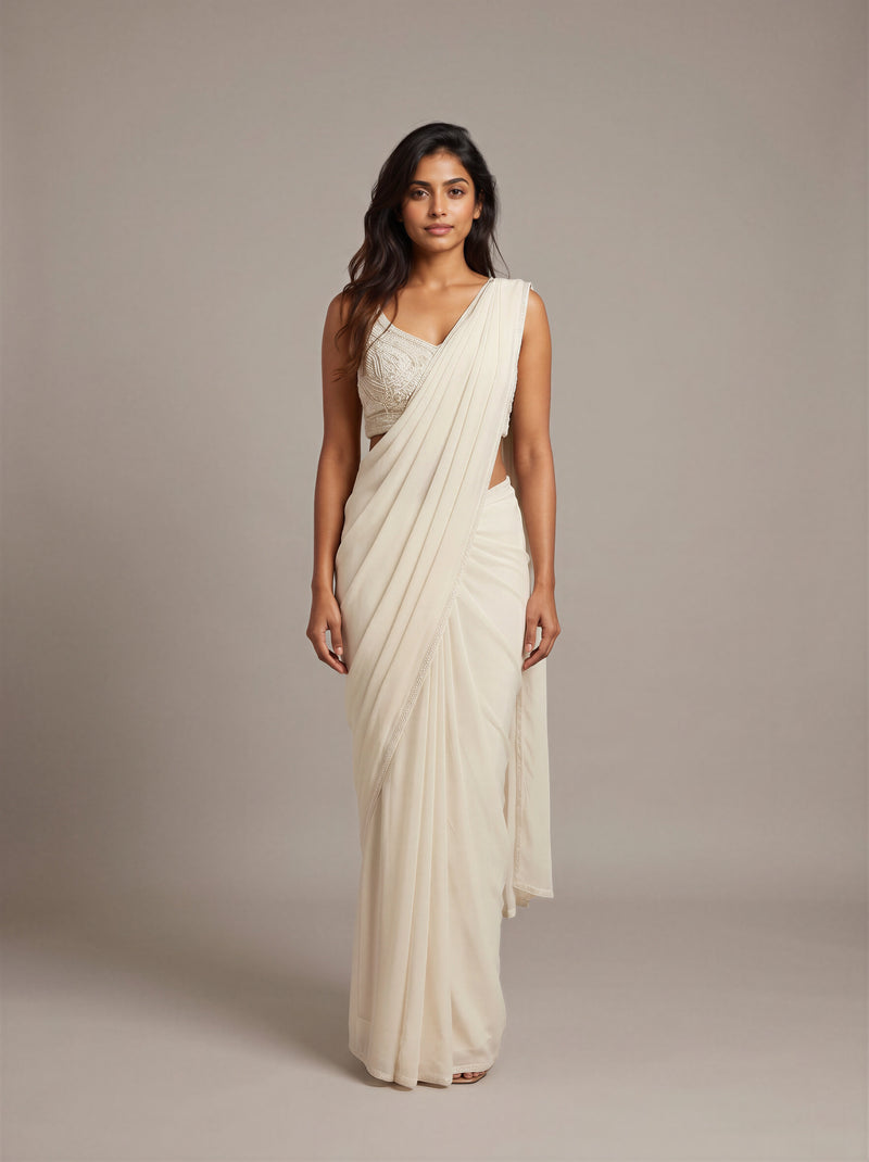 Moonlit Ivory Pearl Pre-Draped Saree