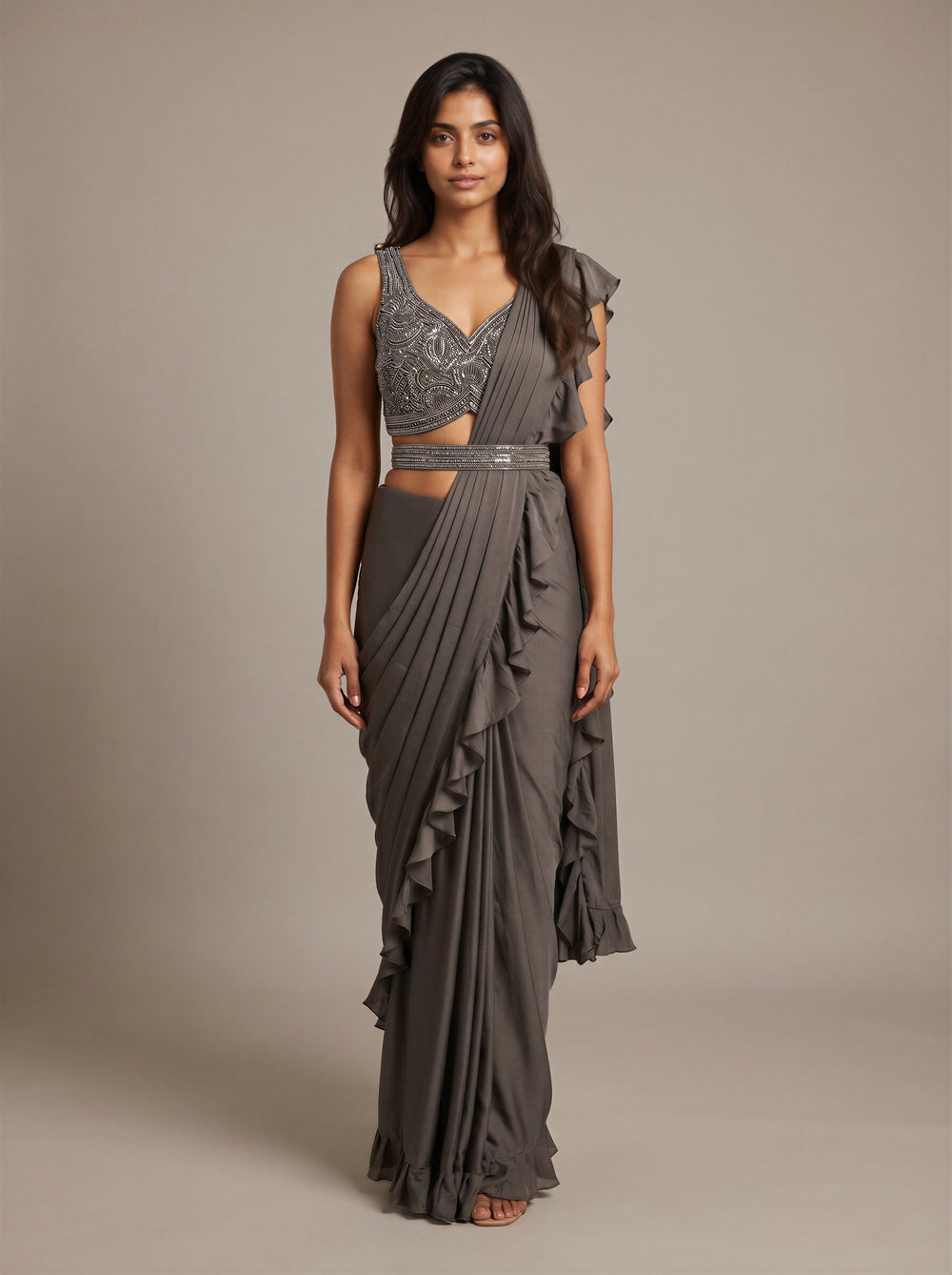 Smoke Charcoal Zari Ruffle Saree Set