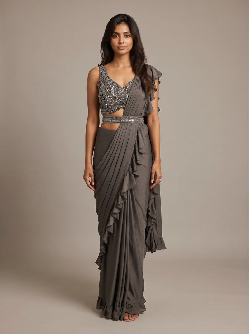Smoke Charcoal Zari Ruffle Saree Set