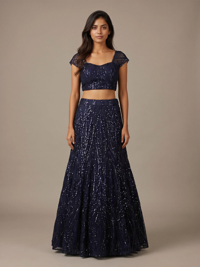 Midnight Navy Beaded Net Mermaid Lehenga